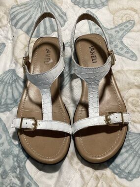 Vaneli White Croc-Embossed T-Strap Slingback Sandals